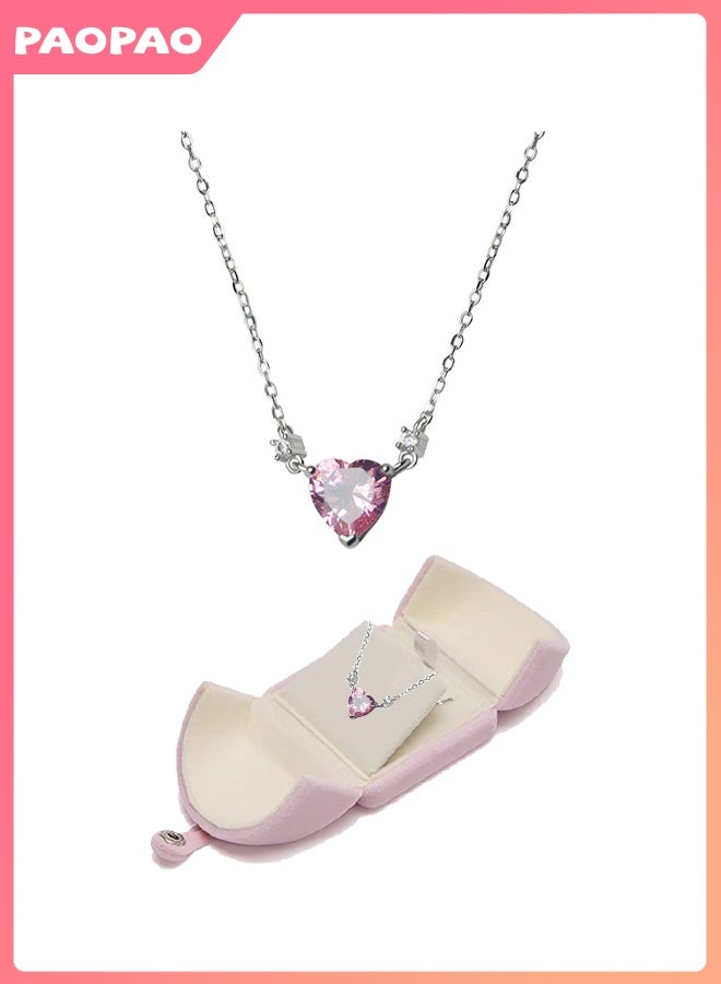 Pao pao Sparkling Heart Halo Pendant Collier Necklace With Box，Women's Necklace Adjustable Shiny Infinity Pink Heart Necklace - Image 1